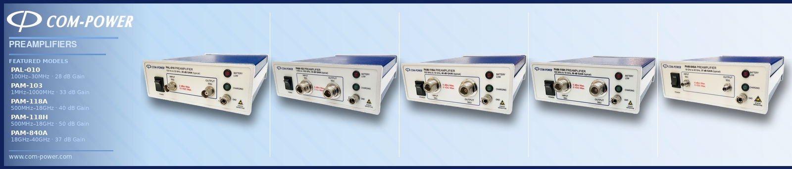 Preamplifiers for 100 Hz to 40 GHz Frequency Ranges