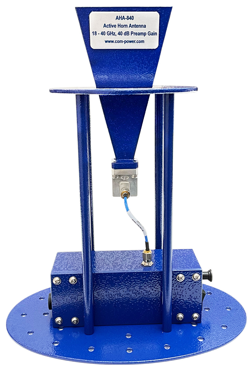 The AHA-840 antenna operates from 700 MHz to 18 GHz, featuring a built-in preamplifier