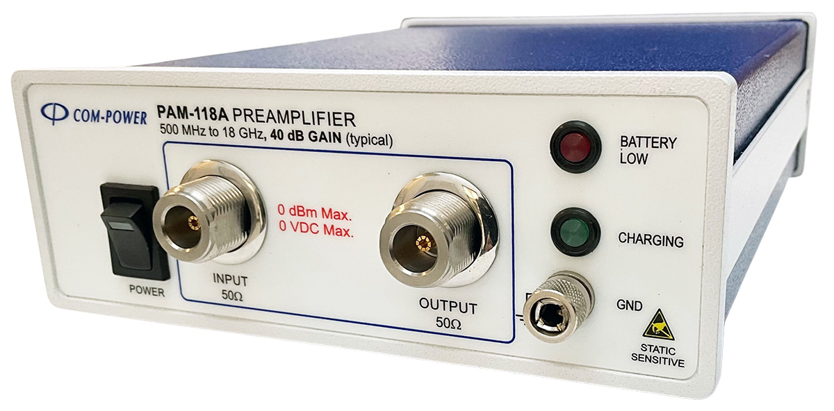 The PAM-118A is a bench-top microwave preamplifier that operates from 500 MHz to 18 GHz.