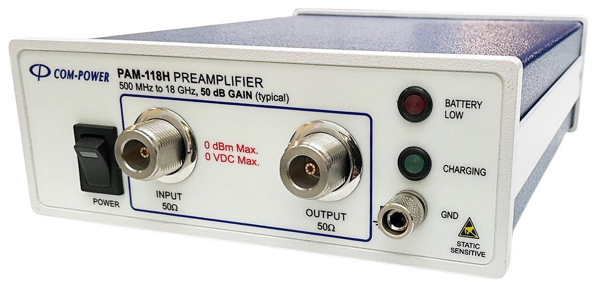 The PAM-118H is a benchtop microwave preamplifier that operates at a high gain of 50 dB and in a wid