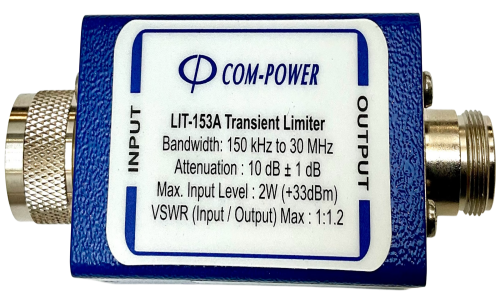 Com-Power LIT-153A transient limiter, 150 kHz–30 MHz, 10 dB, protects spectrum analyzer input