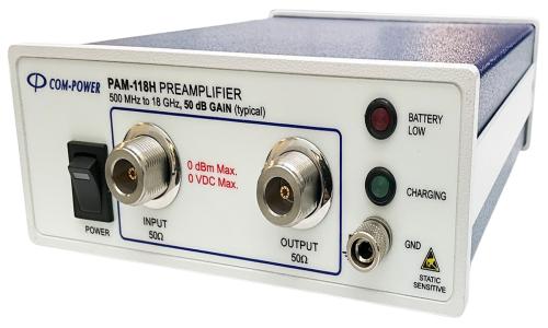 The PAM-118H is a benchtop microwave preamplifier that operates at a high gain of 50 dB and in a wid