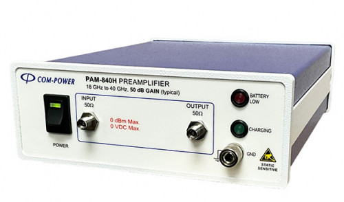 Wideband, 50-dB gain benchtop microwave preamplifier operates from 18 to 40 GHz.