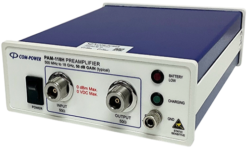 The PAM-118H is a benchtop microwave preamplifier that operates at a high gain of 50 dB and in a wid